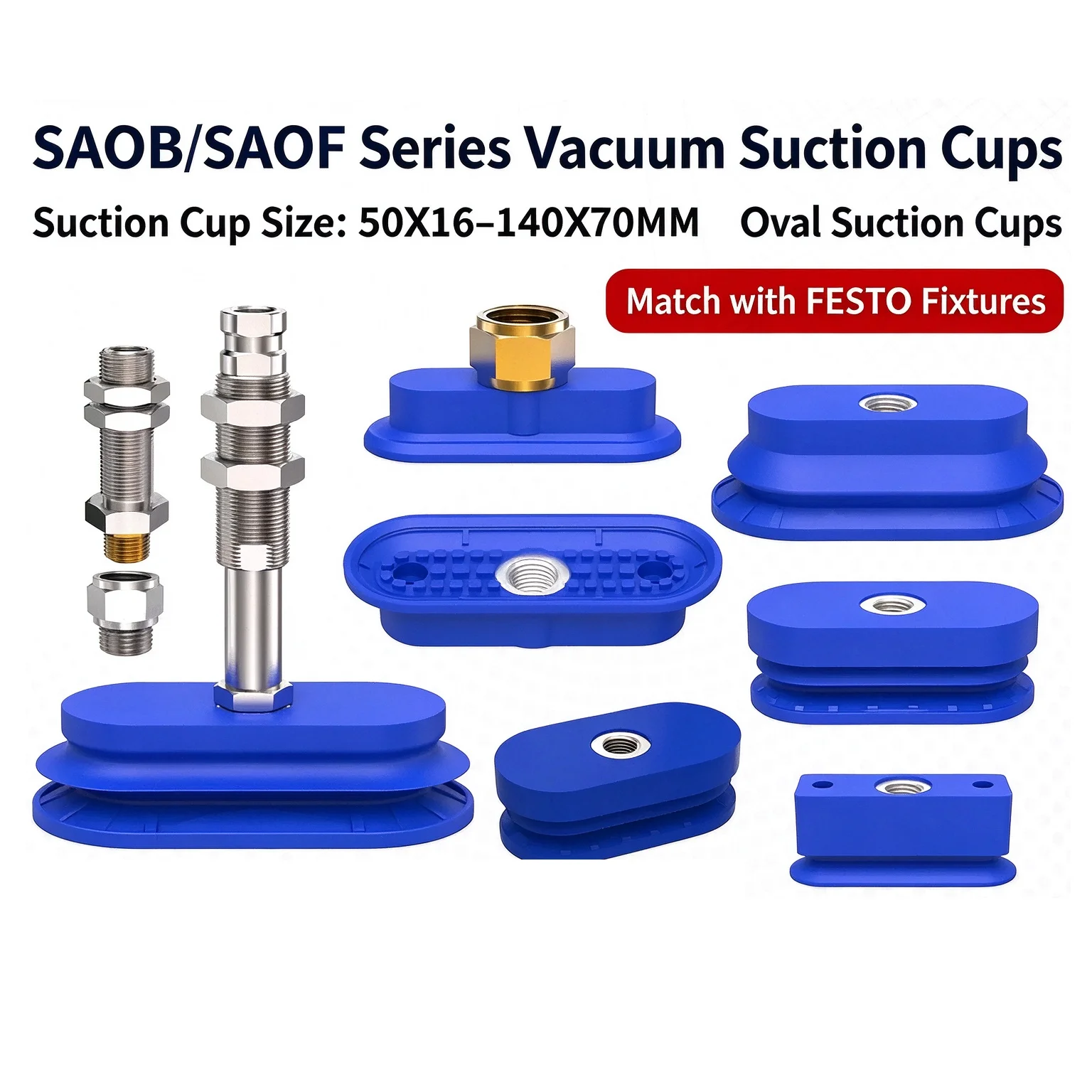 Oval Shaped Robotic Arm Vacuum Suction Cup SAOF/SAOB Series With Connecting Rod For Handling Metal Sheets SAOF-50X16 SAOB-60X30