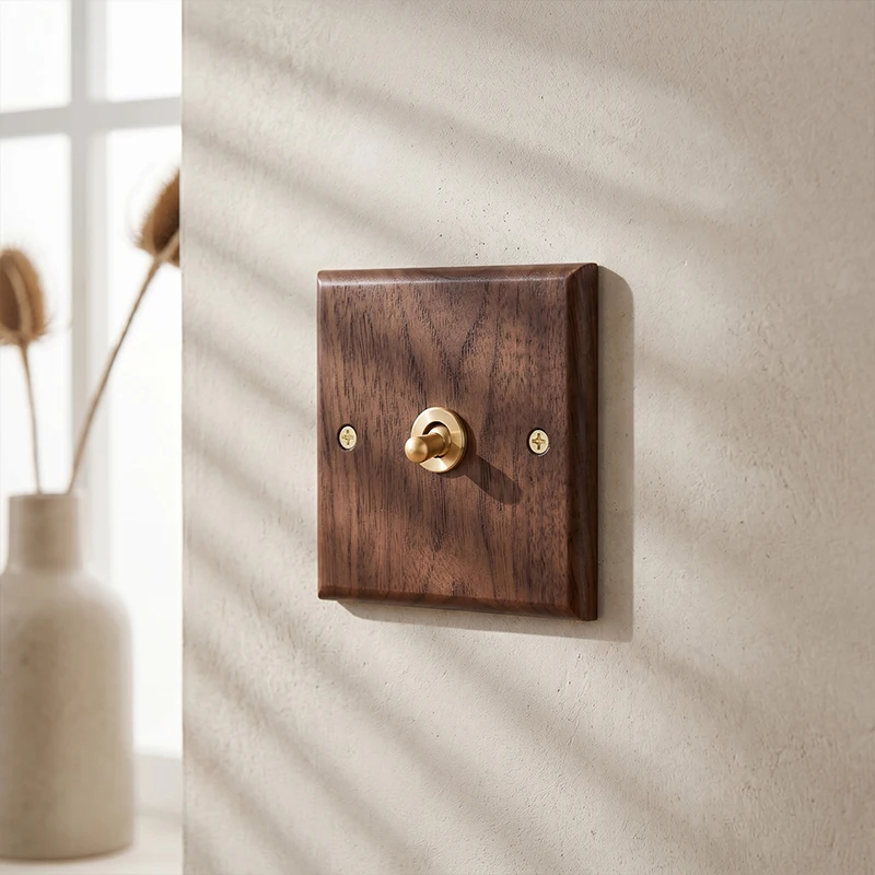 Vintage Wood Grain Socket Wood Panel Switches with Black Walnut Wood and Brass Lever, Retro 86 Style EU Bidirectional Switch