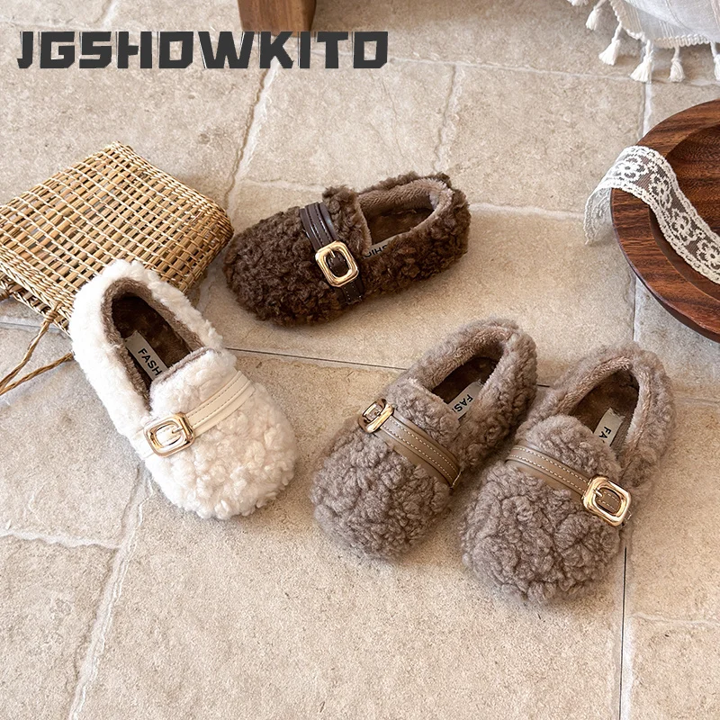 JGSHOWKITO Little Girls Winter Flat Shoes Soft Fluffy Kids Cotton Shoes Slip-On Outdoor Non-slip Children's Causal Plush Shoes