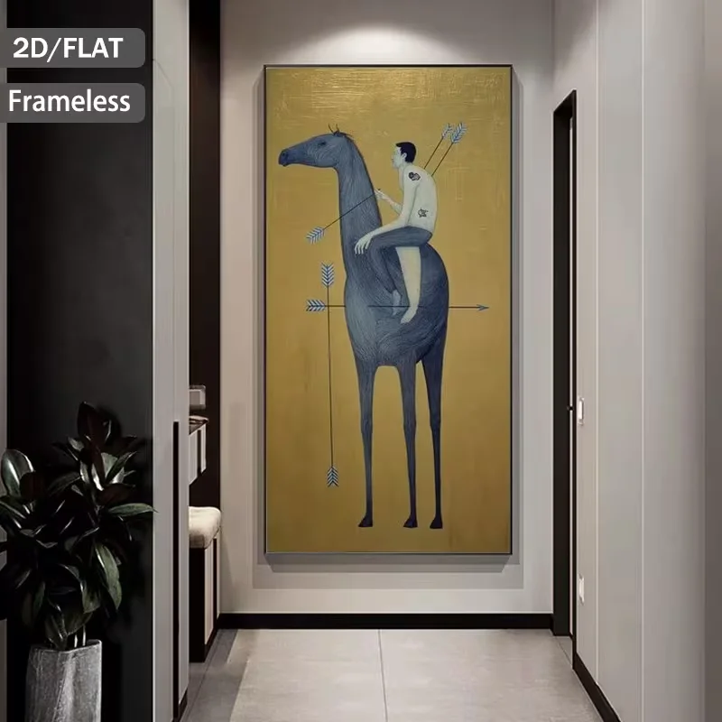 2D Flat, 2D Flat, A Modern Abstract Canvas Print Featuring a Man on a Horse with Arrows Against a Golden Backdrop, Measuring 39.
