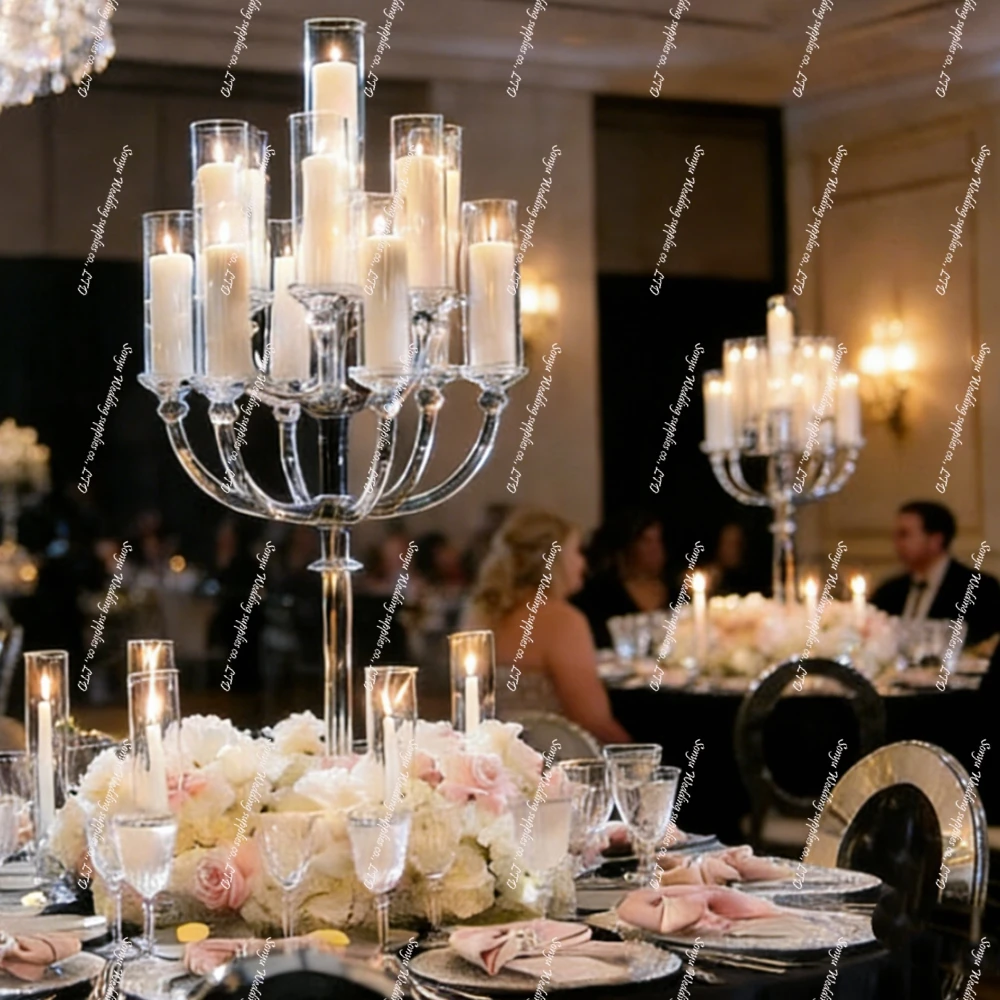 

2pcs）New designLarger Tall 9 Arms 120cm Crystal Candelabra Ccenterpieces With Glass Shade for Party Wedding Decoration