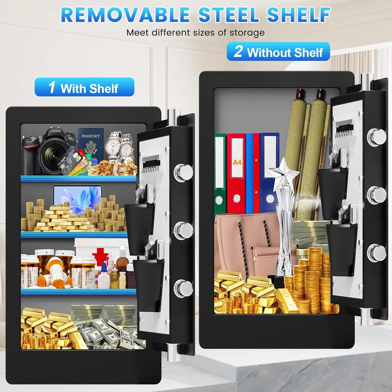 5.1 Cuft Large Biometric Fireproof Safe for Home Use, Quick-Access Fingerprint Safe Box with Fireproof Document Bag, 3 Removable