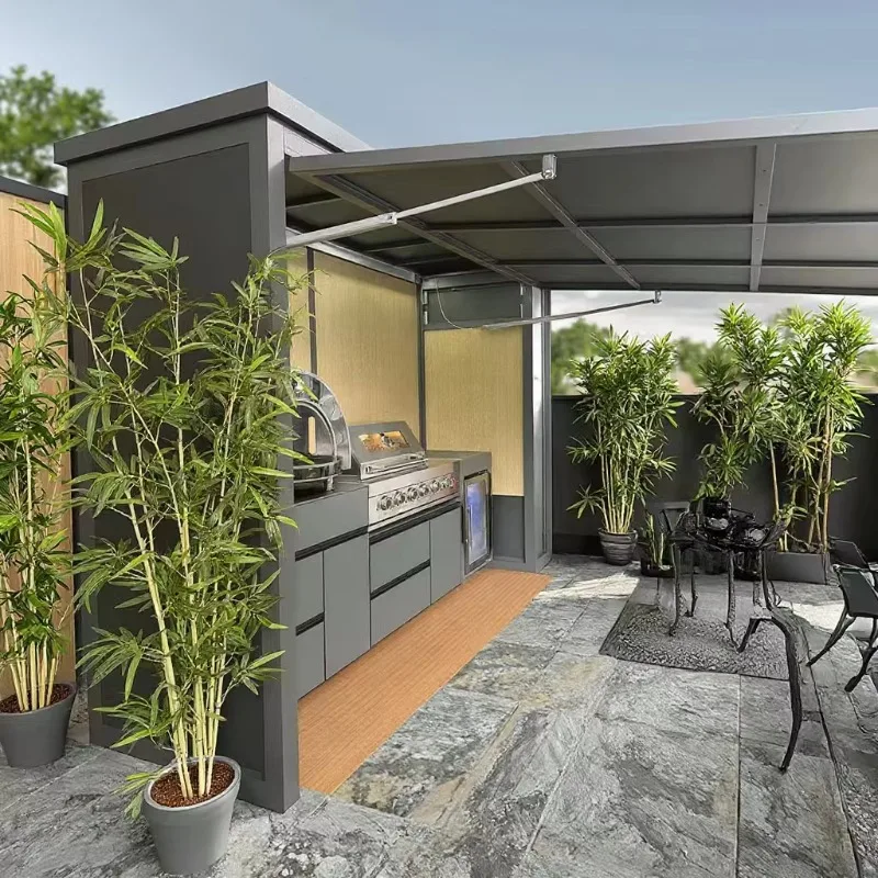 Modular Weatherproof Enclosed Shelter with Outdoor Kitchen Pavilion Featuring Electric Grill Sink Stainless Steel Eco-Friendly