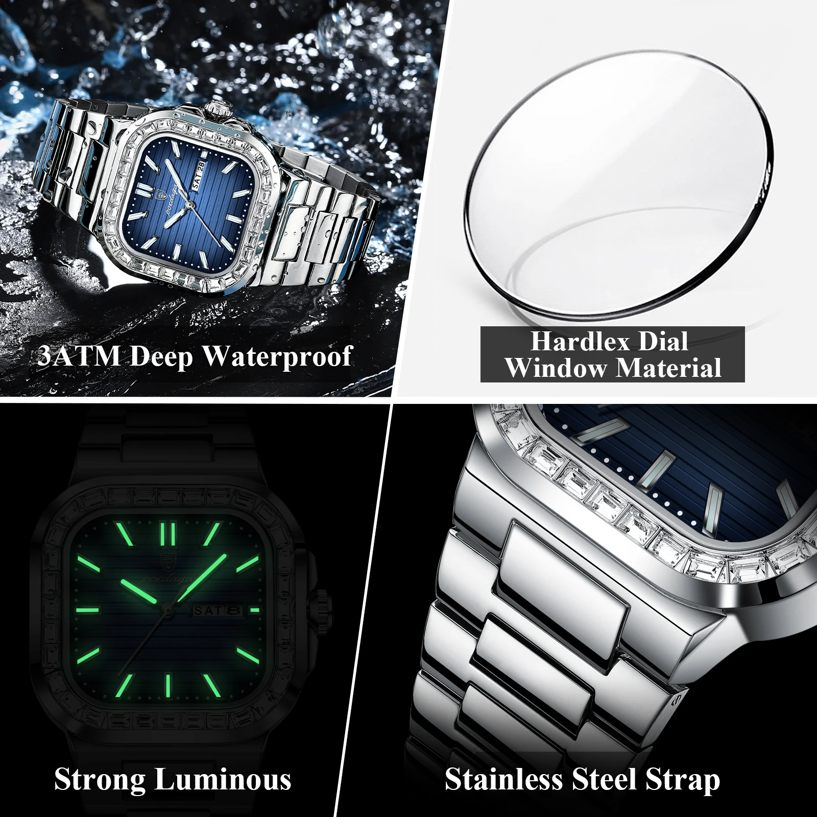 Poedagar moda quadrado relógio masculino data semana à prova dwaterproof água luminosa homem relógio de luxo quartzo aço inoxidável relógios esportivos para homem
