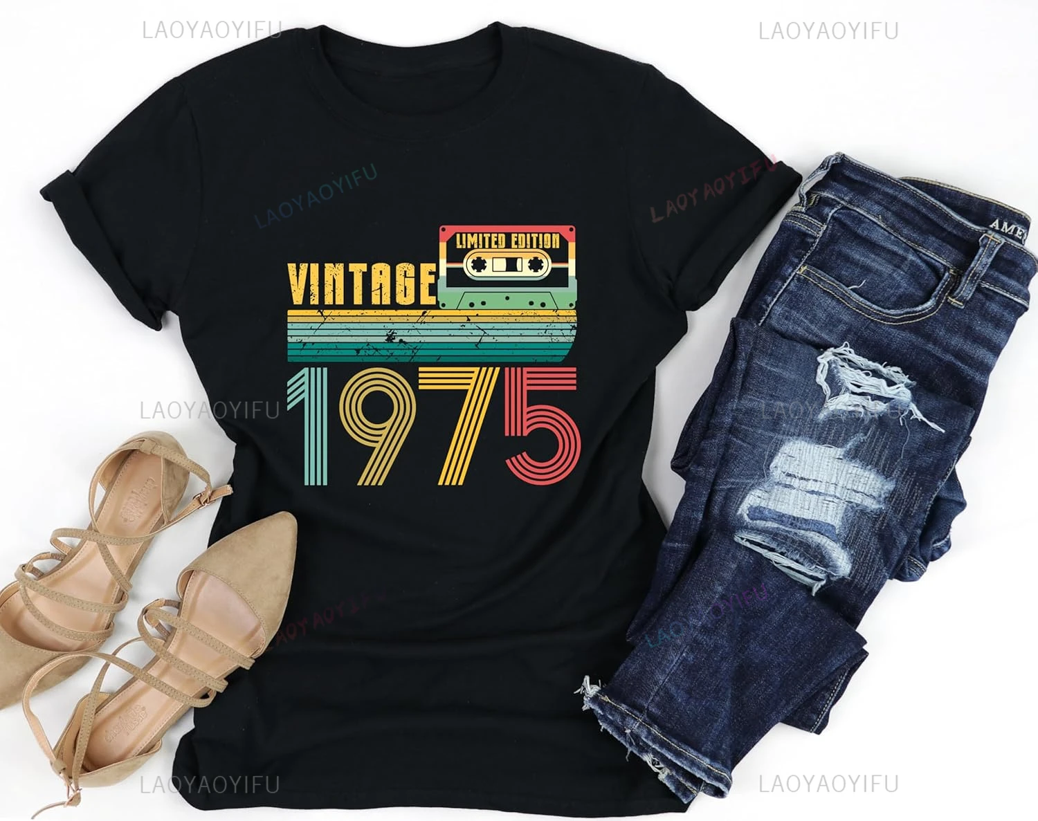 Vintage Tape Graphic 1975 Top, Unisex 50th Birthday Shirt Birthday Party T-shirt, 50th Birthday Gift Women's Cotton T-shirt