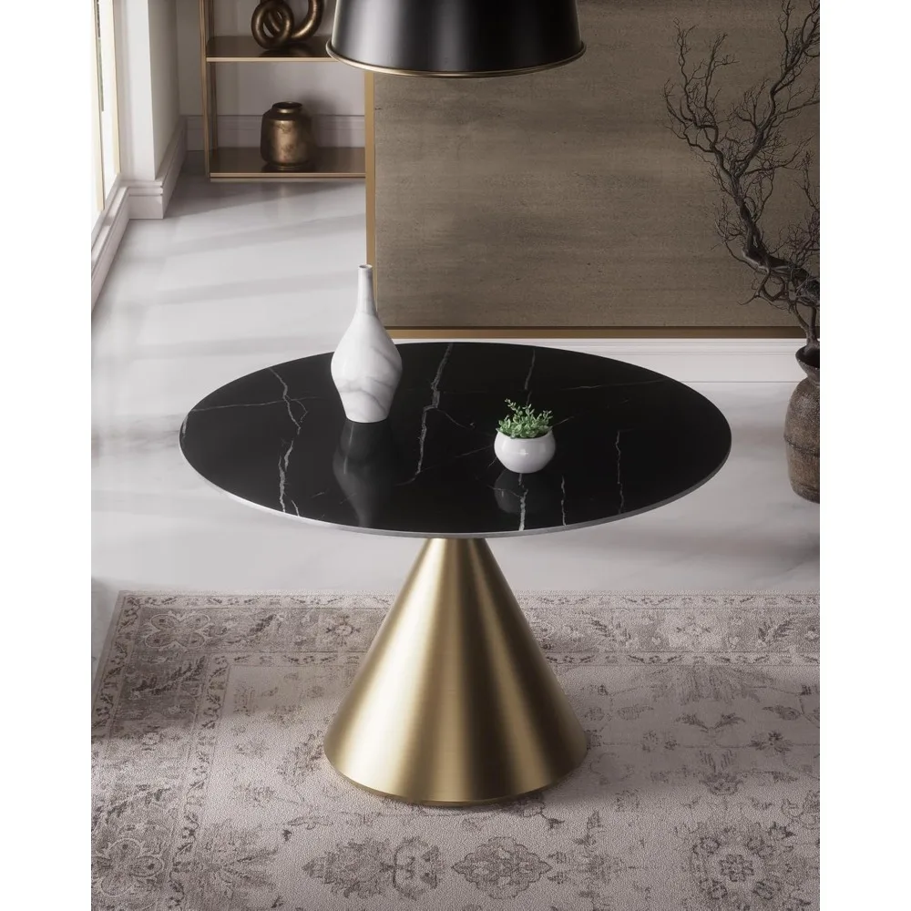 Modern Round Dining Table 47 Inch Black Circle Faux Marble Top Kitchen Table with Gold Luxury Cone Pedestal for Dini