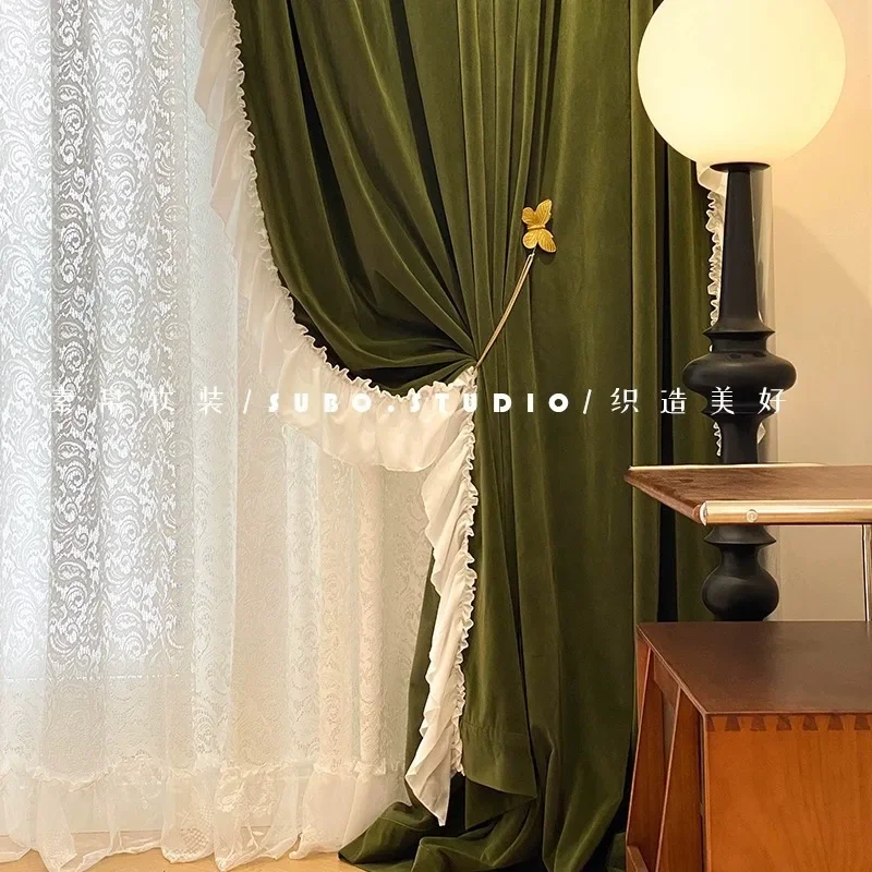 French Australian Velvet Olive Green White Romantic Lace LCurtains for Living Dining Room Bedroom Atmospheric Curtain Custom