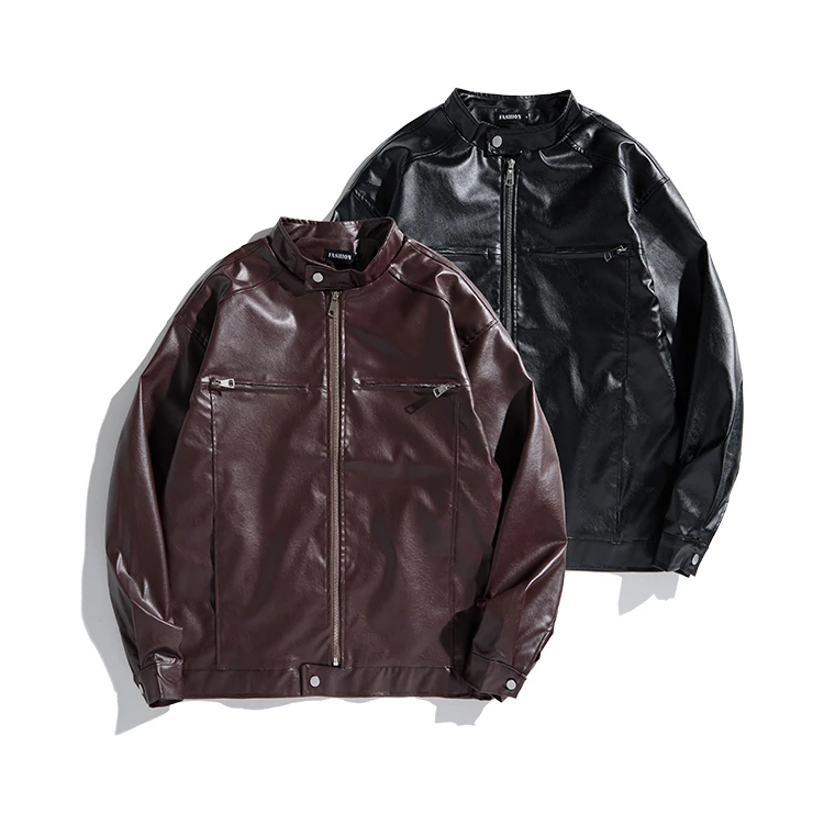 

Retro American Sle Men's Biker Jaet Loose Fit Stand Collar Zipper PU Leather Jaet Trendy Brand Bla Outerwear Coat