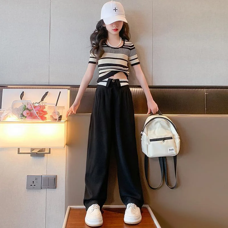 Girls Summer Casual Set Kids Spring Fashion Suits Children Striped T-Shirt+Wide Leg Pants 2Pcs 2024 New Teenager Trends Clothing