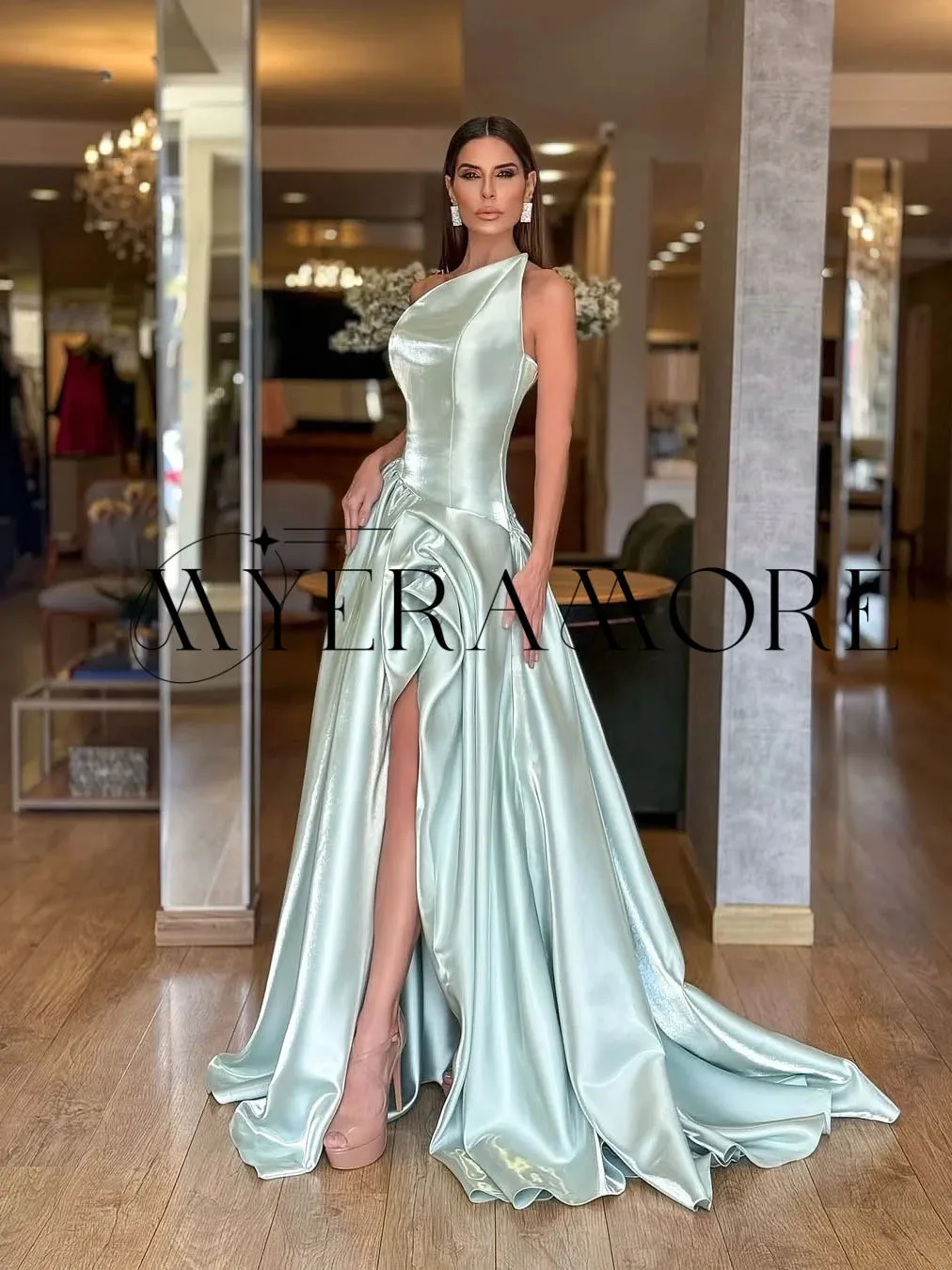 One-Shoulder Backless Evening Dresses A-Line Ruffle Side Slit Floor-Lenght Prom Dresses Customized robes de soirée