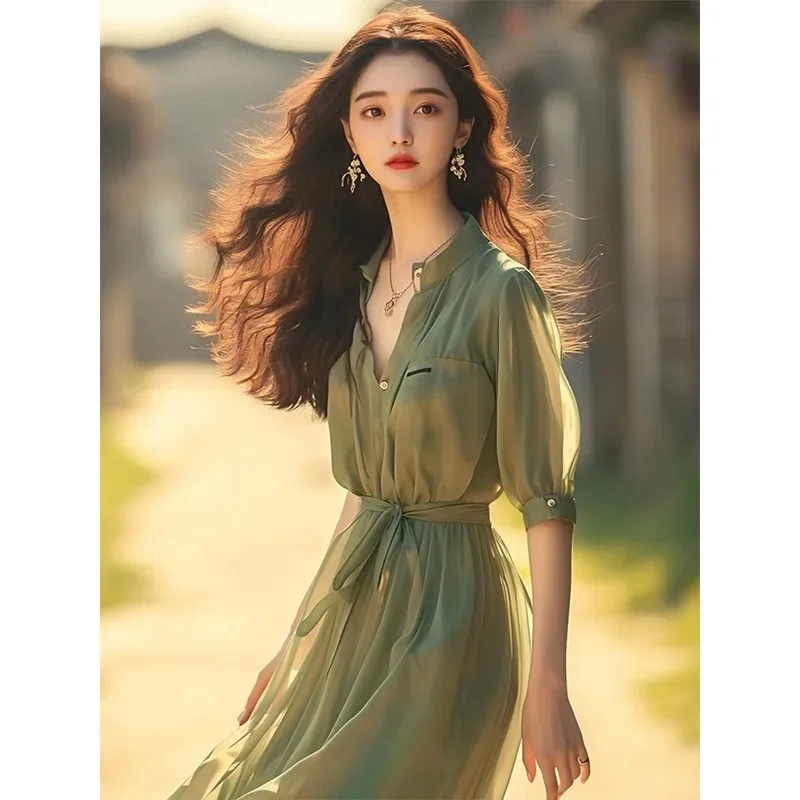 New Chinese Style Green Colorful Women's Midi Dress Shawl Collar Chiffon Material Lantern Sleeve Full Length A-Line Silhouette