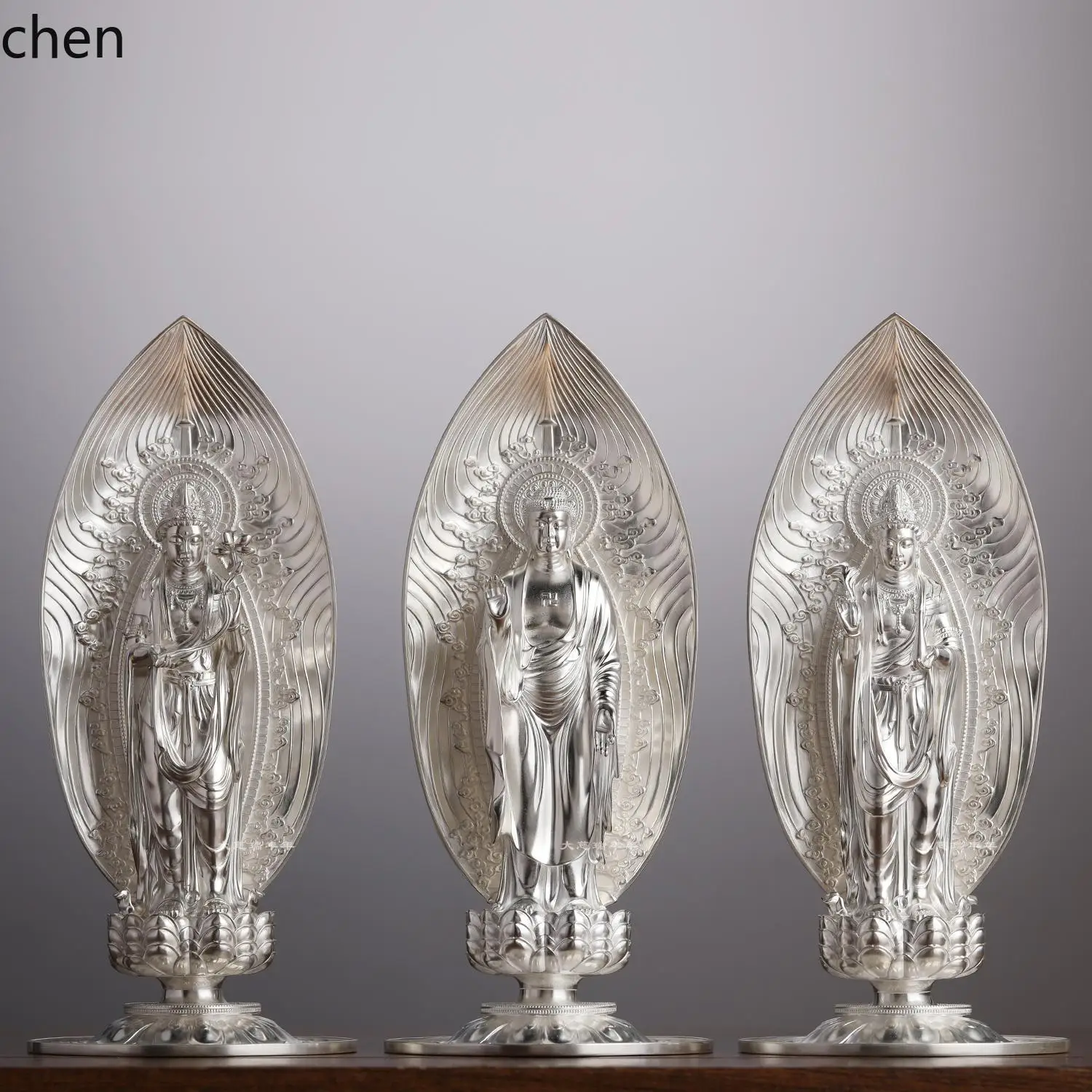 

HTT Pure Silver Gold-Plated Western Three Saints Amitabha Buddha Guanyin Bodhisattva Buddha Statue Ornament