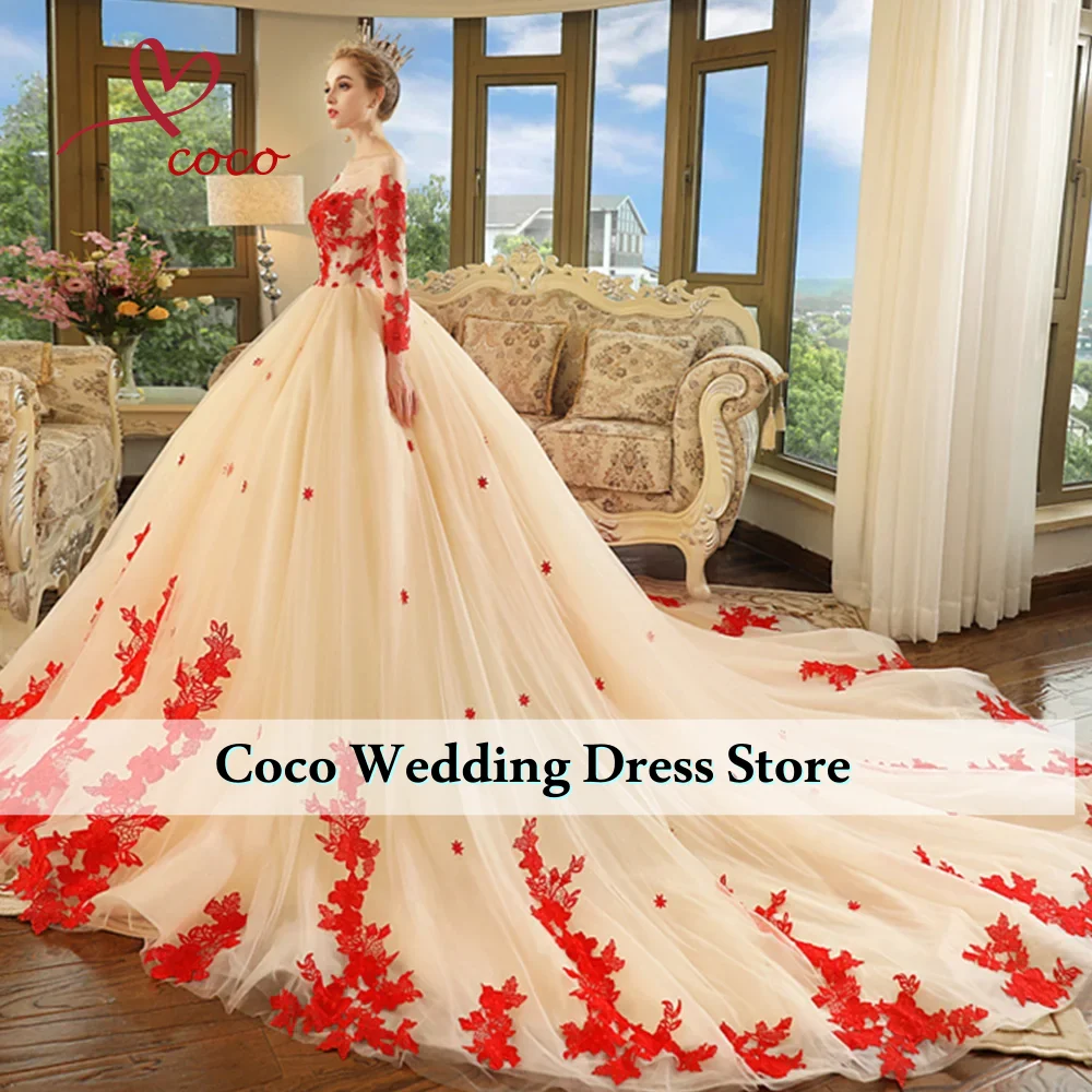 Customized Gorgeous Ball Gown Wedding Dresses With Chapel Train Princesa Appliques Pearls Long Sleeve Bride Dress Vestido De Noi