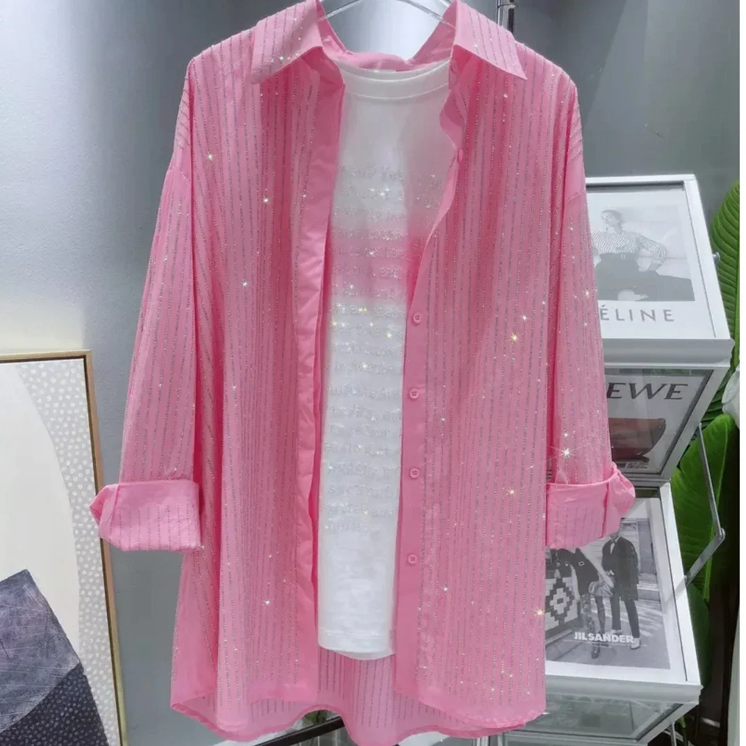 Pink Striped Diamonds Shirts Spring Loose Hot Drilling Blouses OL Sequined Cardigan Streetwear Turn Down Collar Crop Tops Blusas