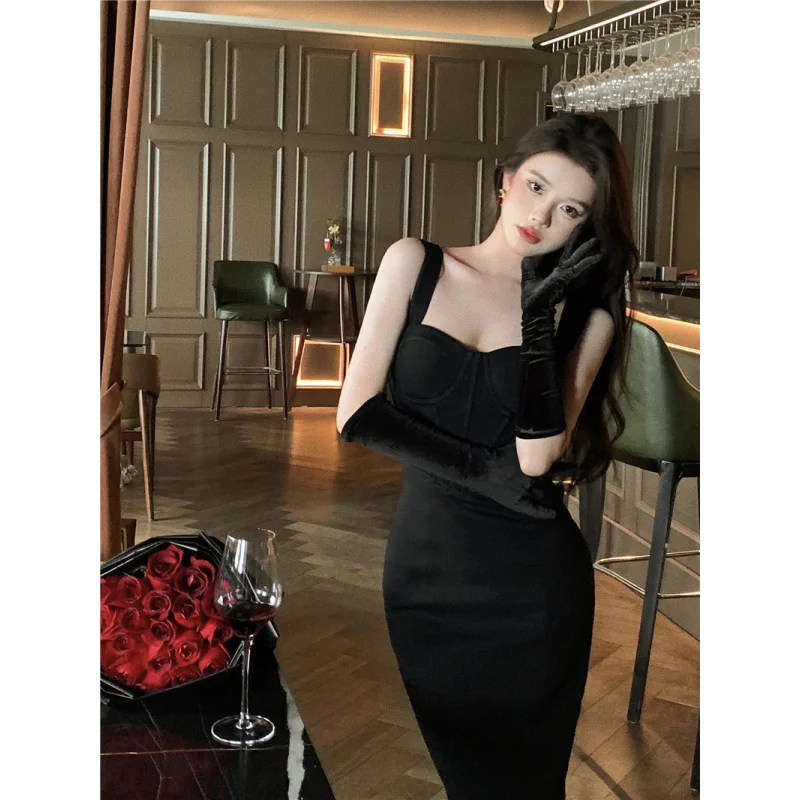 Real Shot Black Spaghetti Strap Bodycon Dress Spring Outfit Rebellious Rich Girl Style Slimming Dress