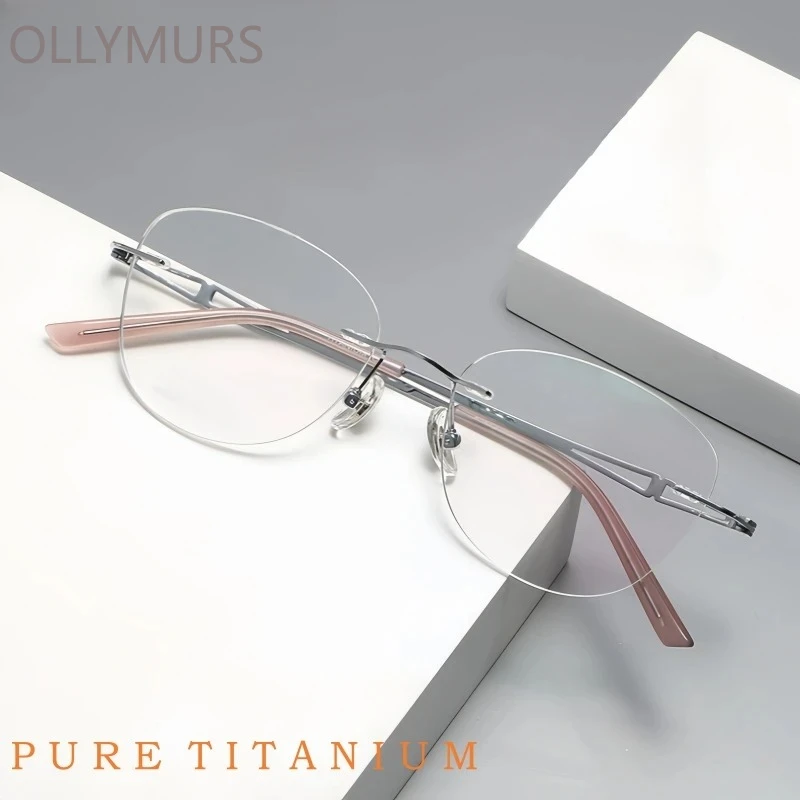 

OLLYMURS ultra-light pure titanium Rimless Glasses Women Fashion Cat-eye Retro Round Optical Prescription Eyeglasses Frame 6089