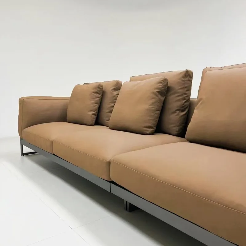 Italian minimalist leather sofa three-person straight row small apartment, first-layer cowhide sofa