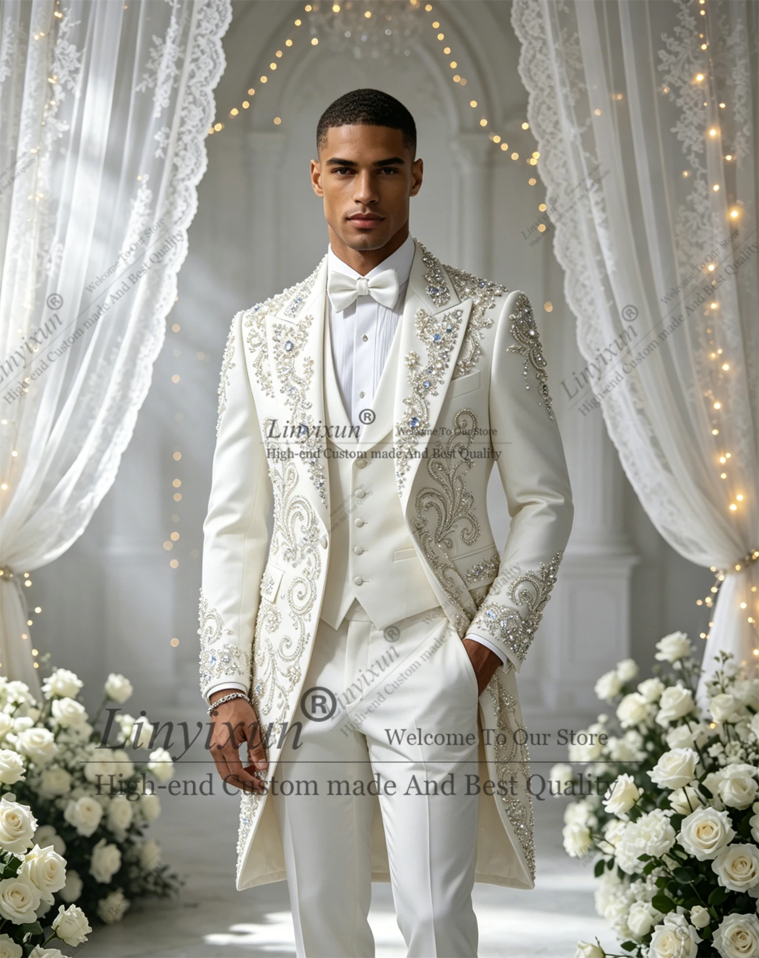Handsome Rhinestones Beaded Men Suits Slim Customized Suitable for Groom Tuxedos Male Prom Blazers 3 Pcs trajes para hombre