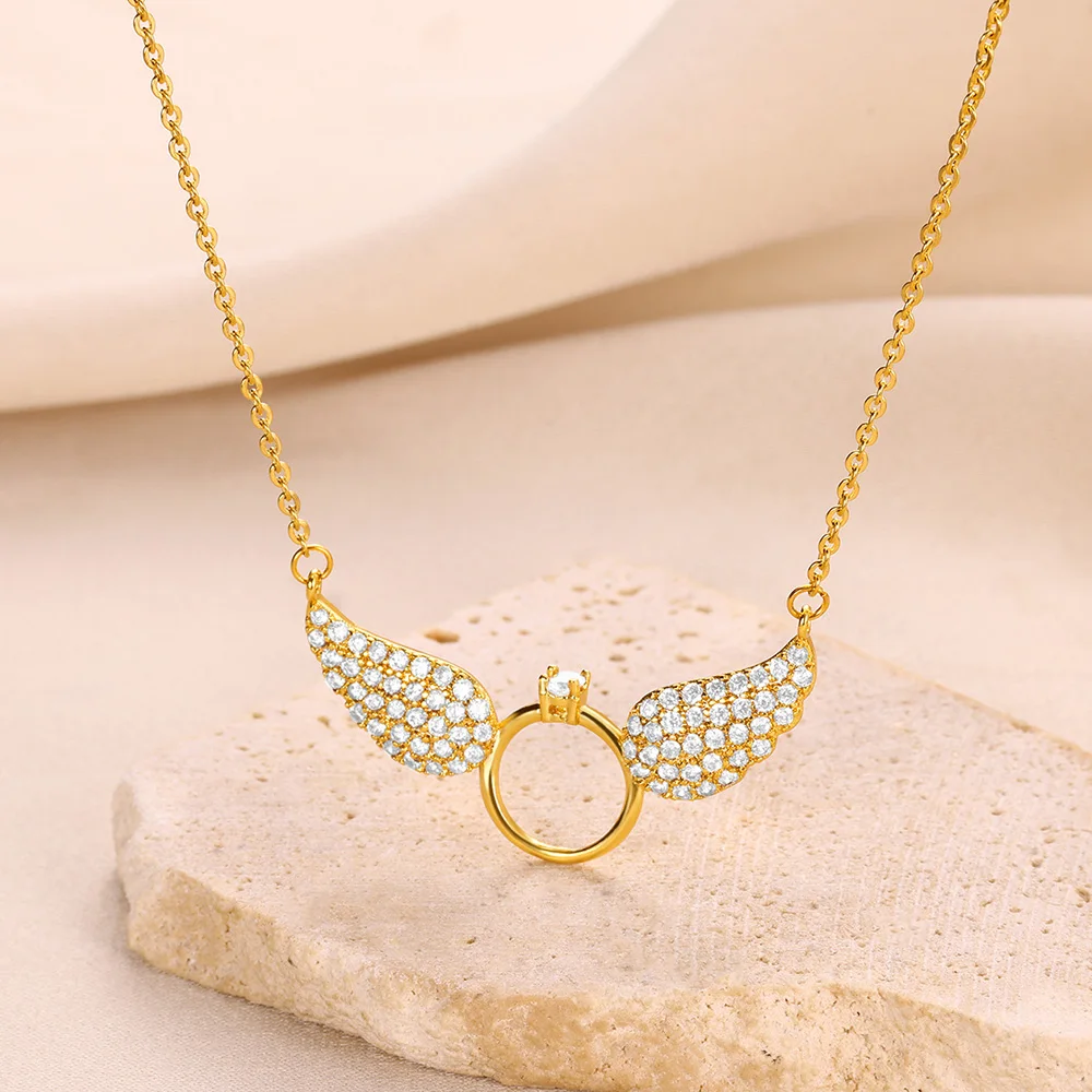 

Gold Color Ring Necklaces for Women Angel Wings Love Zircon Pendant Choker Clavicle Chain Luxury Niche Design Jewelry Gifts