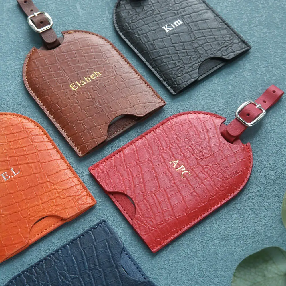 Custom Name Luggage Tag Gold Hot Stamp Initials Crocodile Texture Pu Suitcase Label Privacy Cover Adjustable Strap Travel Gift