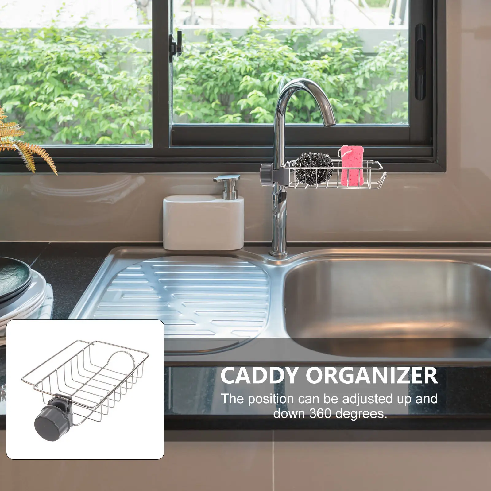 Stainless Steel Sponge Holder for Kitchen Sink – Rustproof Adjustable Drain Rack with Soap Brush Shelf & Storage