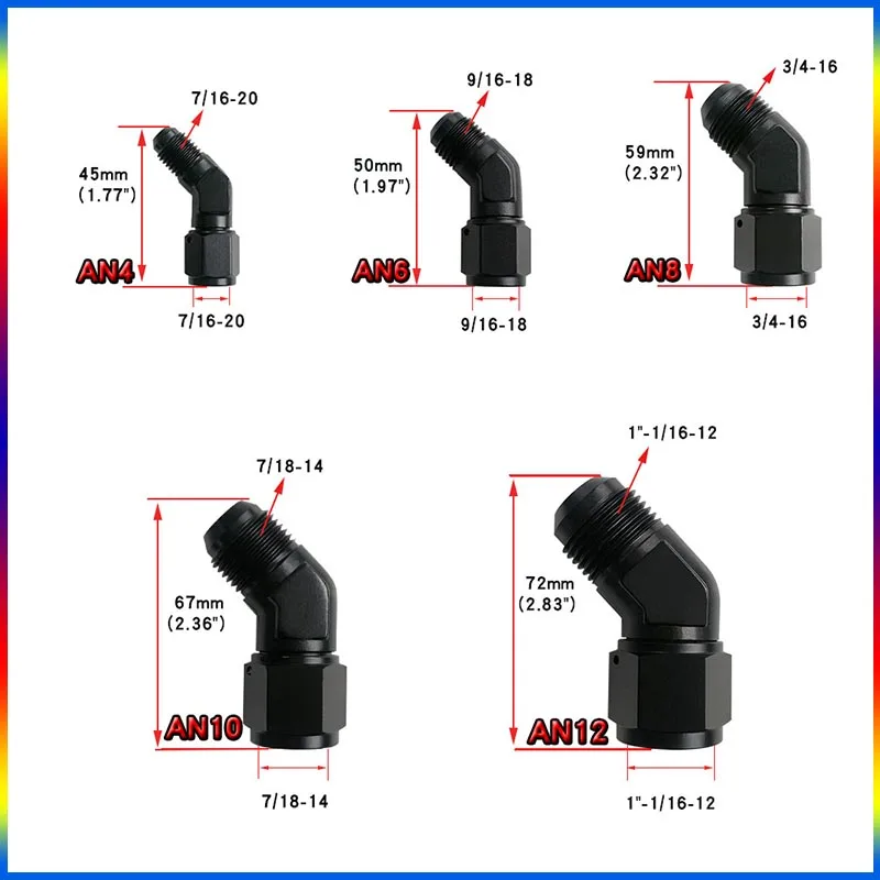 Oil Fuel Fittings End Fittings Female to Male Gas Push Lock  AN4 AN6 AN8 AN10 AN12 Swivel Adaptors To Male Black 45 90 Degree