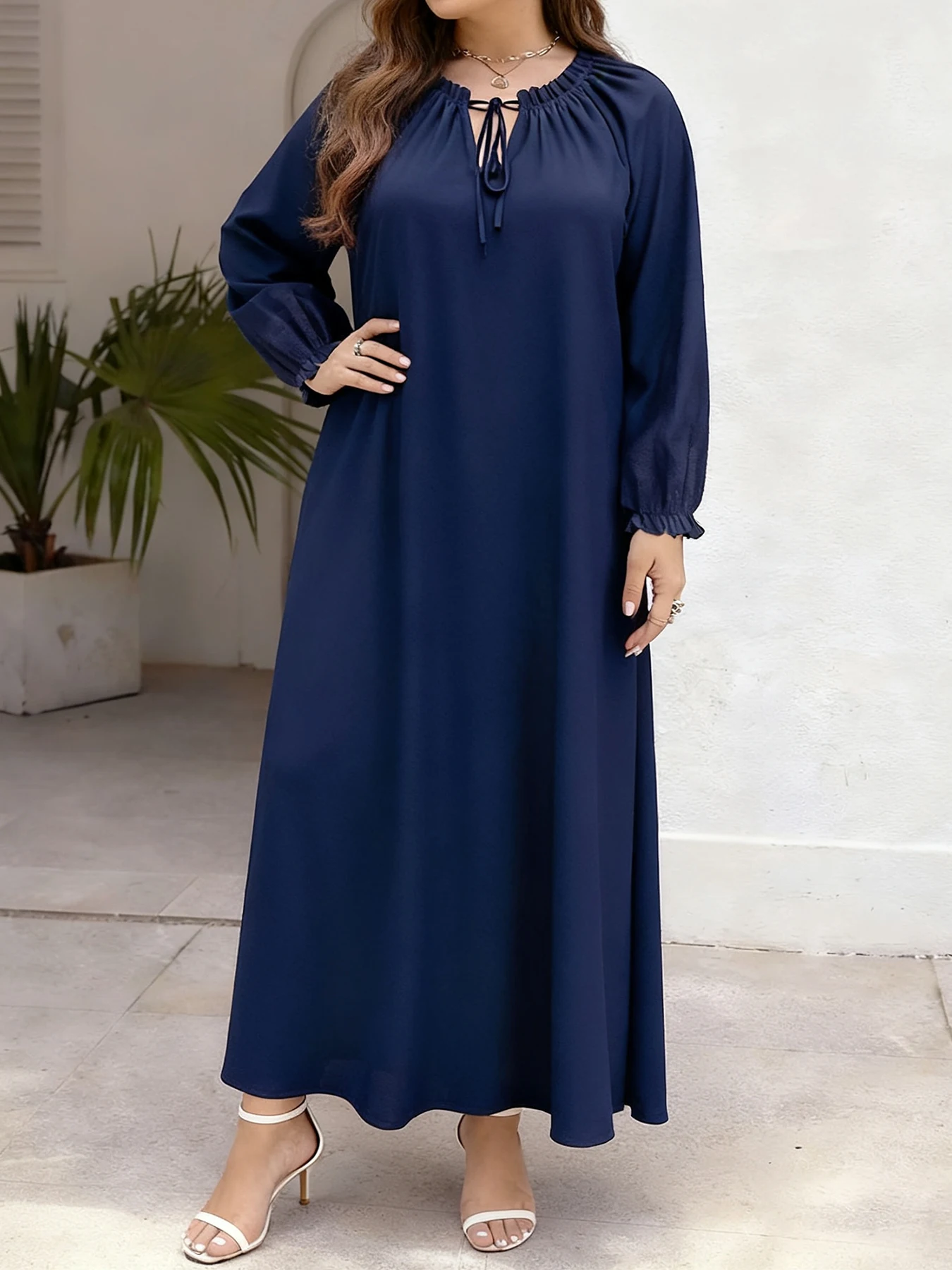 Marineblaues Damen-Maxikleid mit Bindeband, langen Ärmeln, lockerem Maxikleid in Übergröße, lässig, täglicher Komfort-Stil