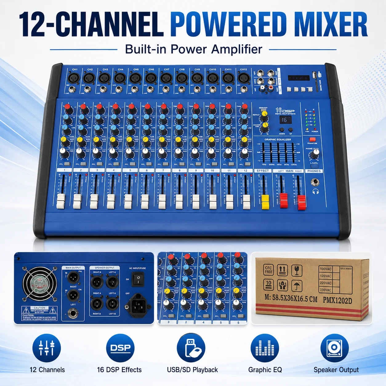 12 Channel Audio Mixer USB SD Player 16 DSP Effects 48V Phantom Power Sound Mixing Console for Karaoke Stage Live