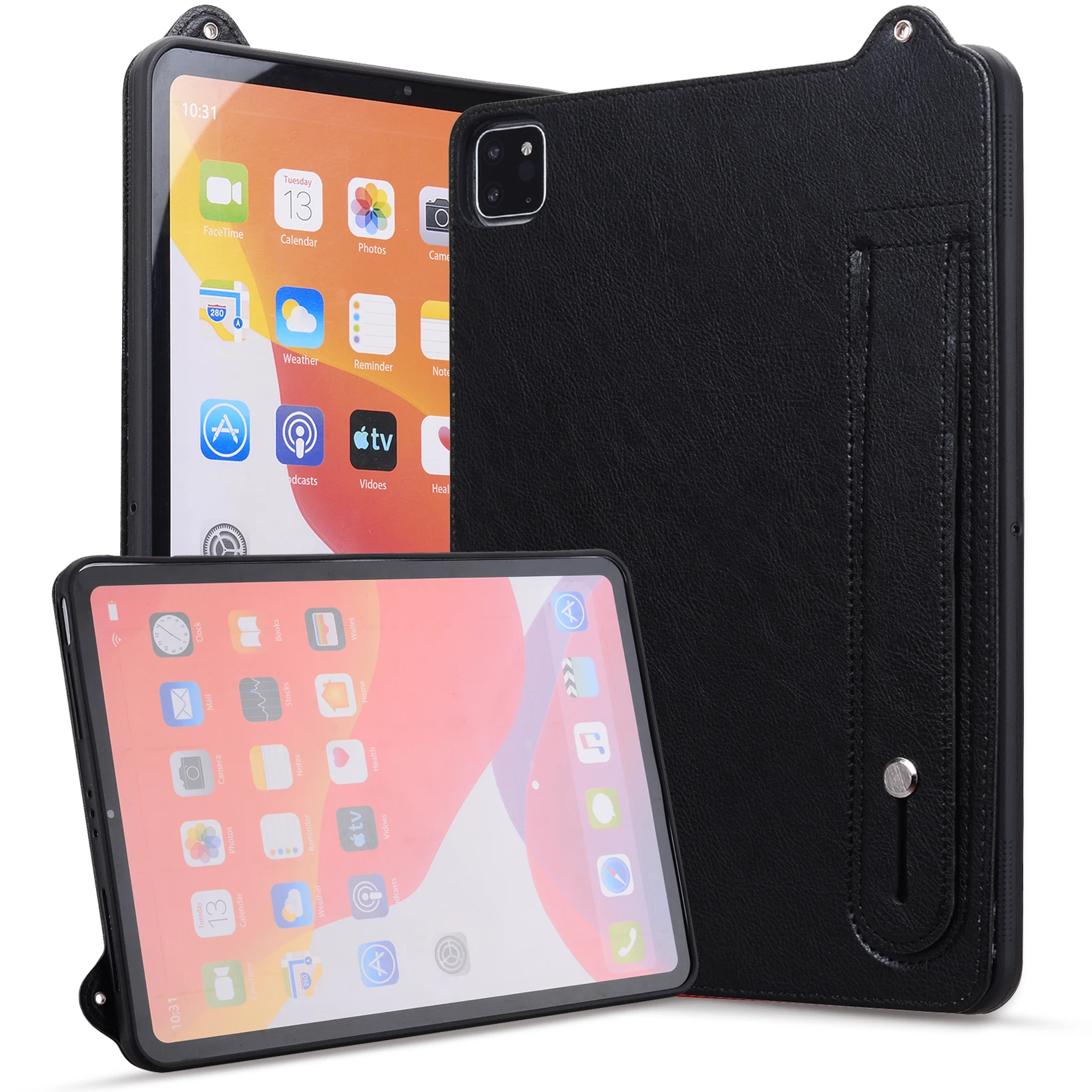 Cover posteriore protettiva per computer in TPU + pelle per Apple iPad Pro 12.9 2020 antiurto Supporto per cinturino da polso Custodia protettiva per tablet