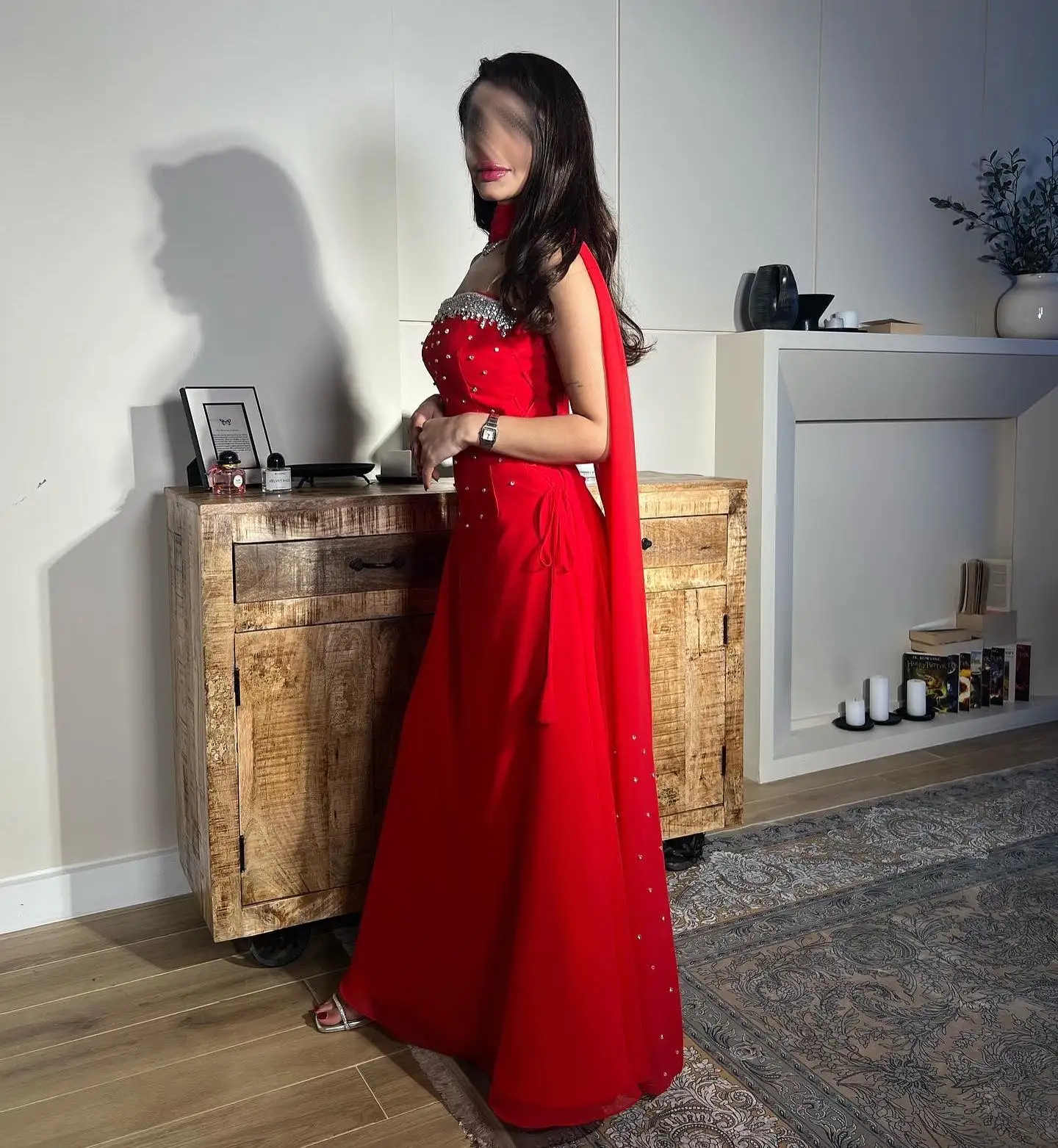 AsaNagi Elegant A-line Prom Dress Women With Beaded Strapless Red Party Evening Gowns Ankle Length Elegant Special Occasion Gown