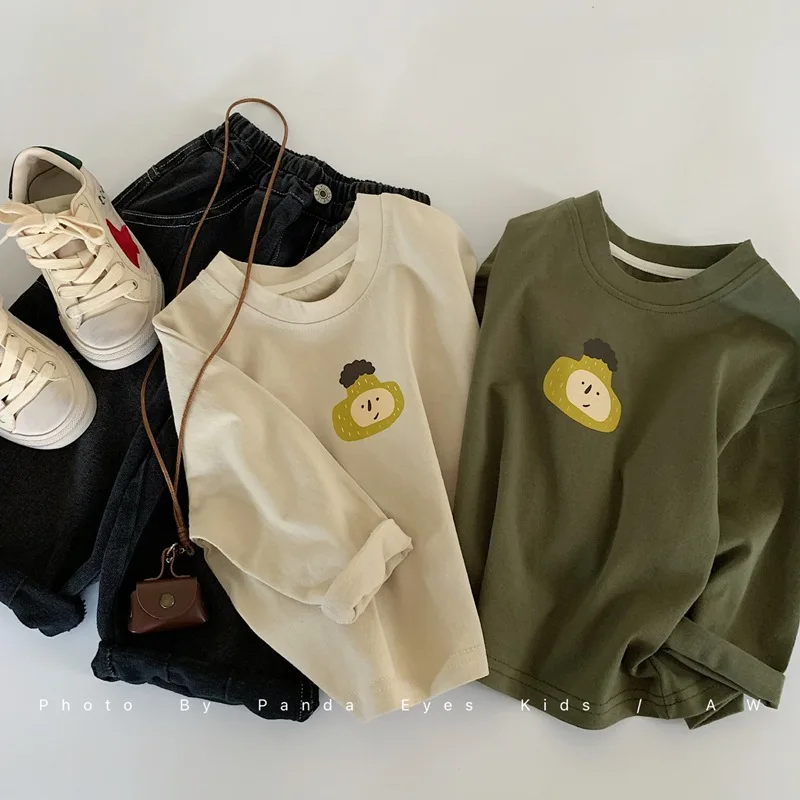 Cartoon T-shirt Cotton Long-sleeve Base Shirt Boys Children Grils Spring Autumn Korean Loose Casual Boys Grils Children