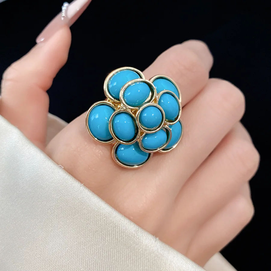 Vintage Blue Resin Cluster Floral Index Finger Rings Women Men Multi-layer Oval Geometric Open Knuckle Ring Luxury Accessory K