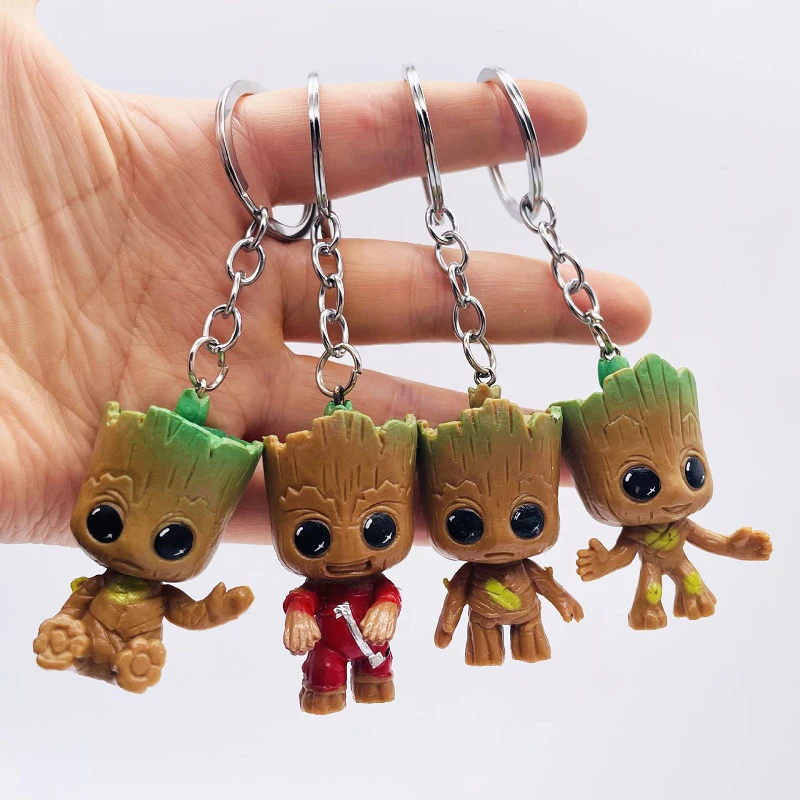 4PC Groot Keychain Set Anime Figure Key Ring Mini Home Decoration Collection Figurine Children Toy Miniature Model Crafts Gifts