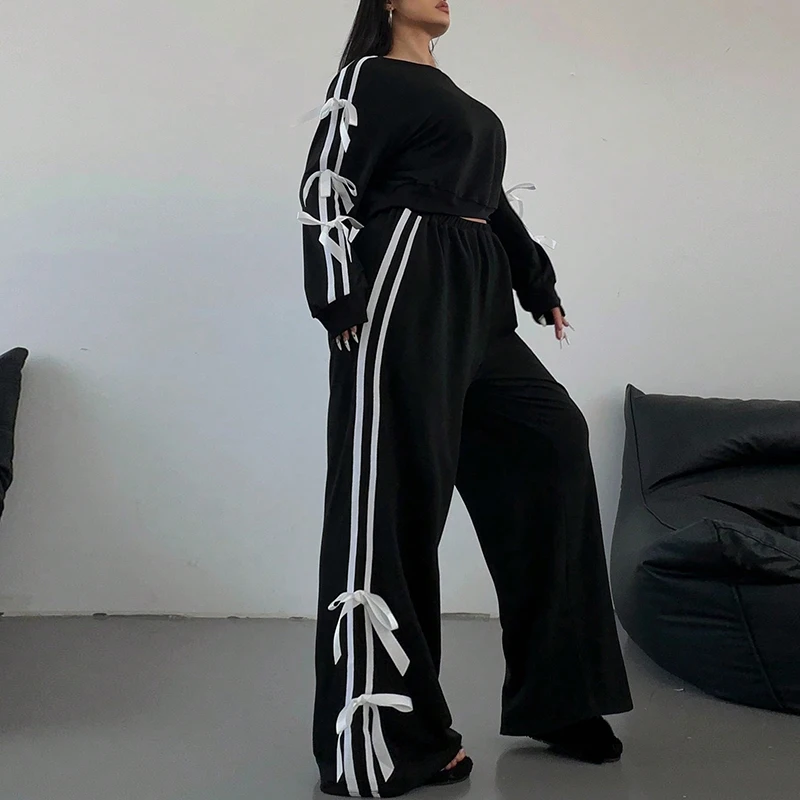 

Women Casual Loose 2025 Outfits Elegant Spring Autumn Long Sleeved Blouse+Long Pants Suit Fashion Two Pieces Side Striped Sets