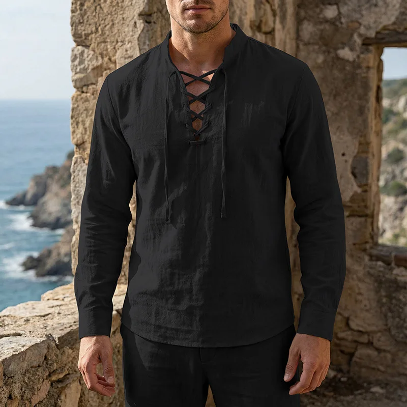 2026 Herren Vintage Mittelalterliches Leinenhemd mit Schnürung, Langarm, Henley-Ausschnitt, Locker Geschnitten, Piraten-Cosplay, Strand, Freizeit, Urlaub, Alltagshemd – Detail 37