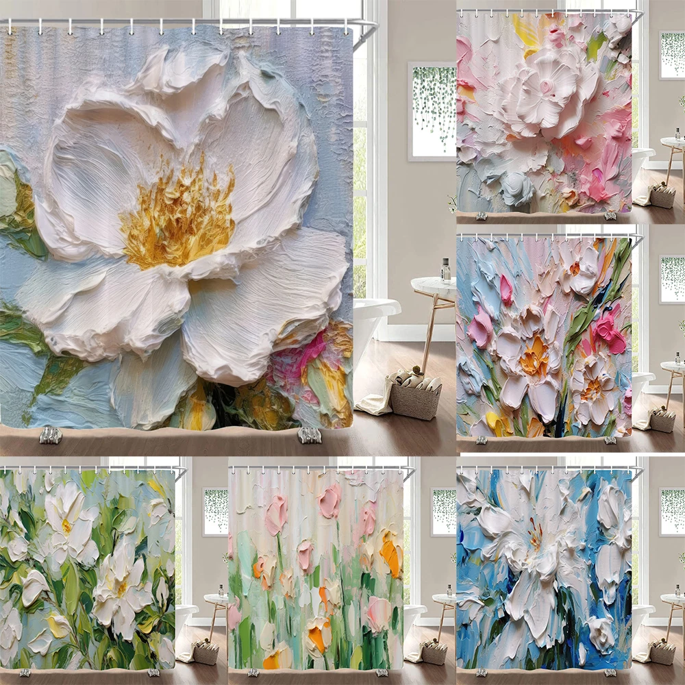 

Art Painting Flowers Bathroom Curtain Fabric Cloth Flower Waterproof Shower Curtain Bathtub Curtains With Hooks Home Decor
