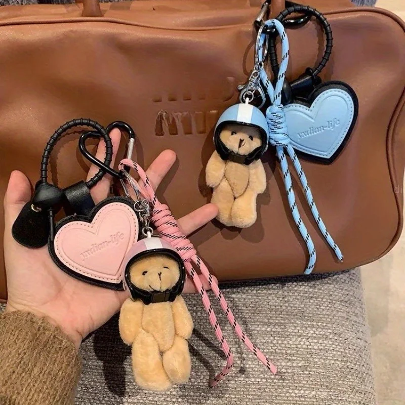 Cute Helmet Bear Pendant DIY Personality Car Key Chain Decoration Charm Woven Rope Hanging Mobile Phone Key Ring Bag Accessories