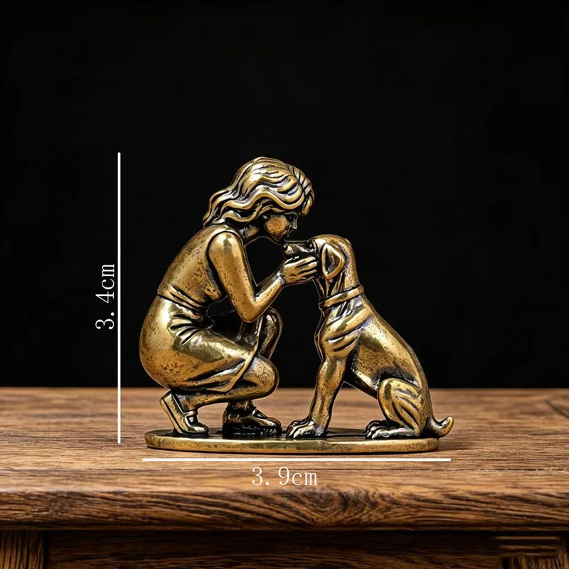 Brass girl and statue decorative piece featuring a woman holding a dog's head copper sculpture handcrafted ornament