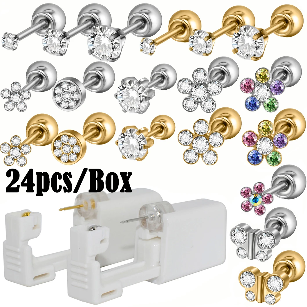 24pcs/Box Disposable Ear Piercing Gun Safe Ball Clasps Mini Daisy Crown Earring Piercer Machine Tool For Adult Kids Wholesale