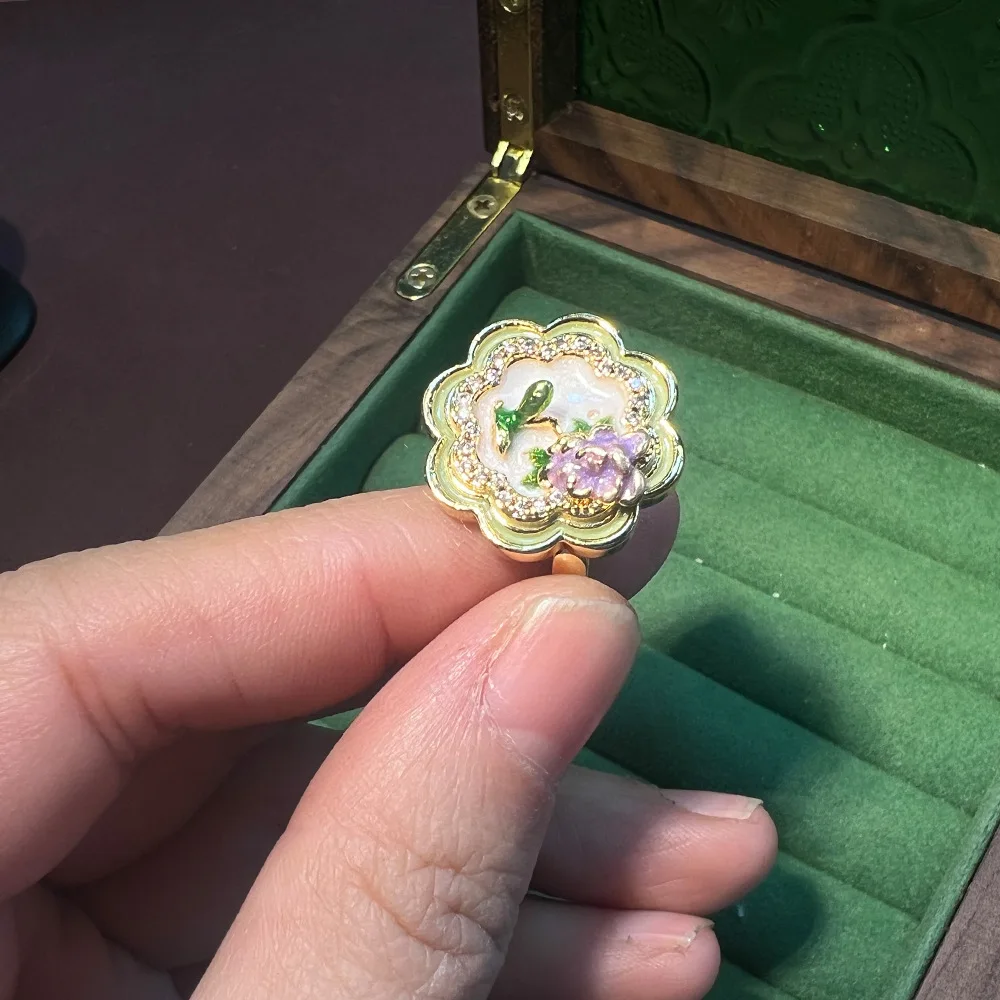 French natural pearl 24K color ocean flower Hepburn style oil painting series enamel open ring foreign trade ring