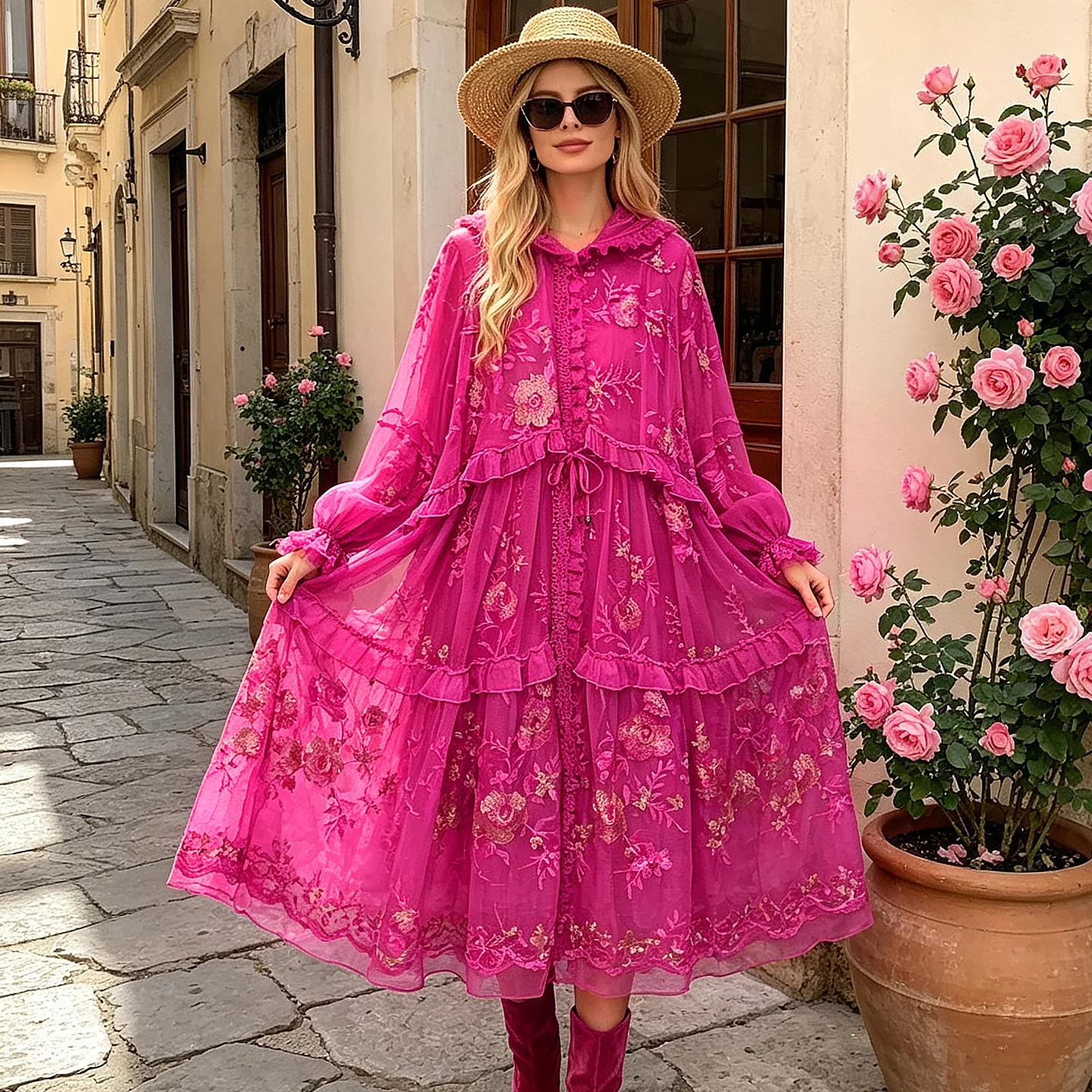 Spring and Autumn New Hooded Retro Rose Red Adjustable Waist Silk Fabric Non positioning Embroidery Elegant Women's Coat