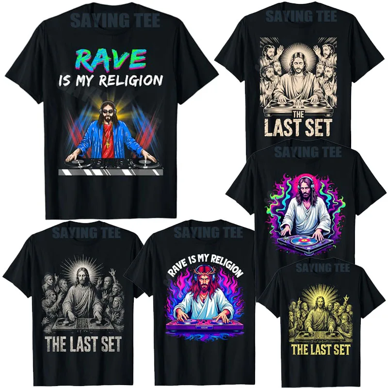 Camiseta con Frase Divertida: Jesus Raves Techno House Party Edm Festival Goa Electro Rave, Techno House Electro Rave es mi religión
