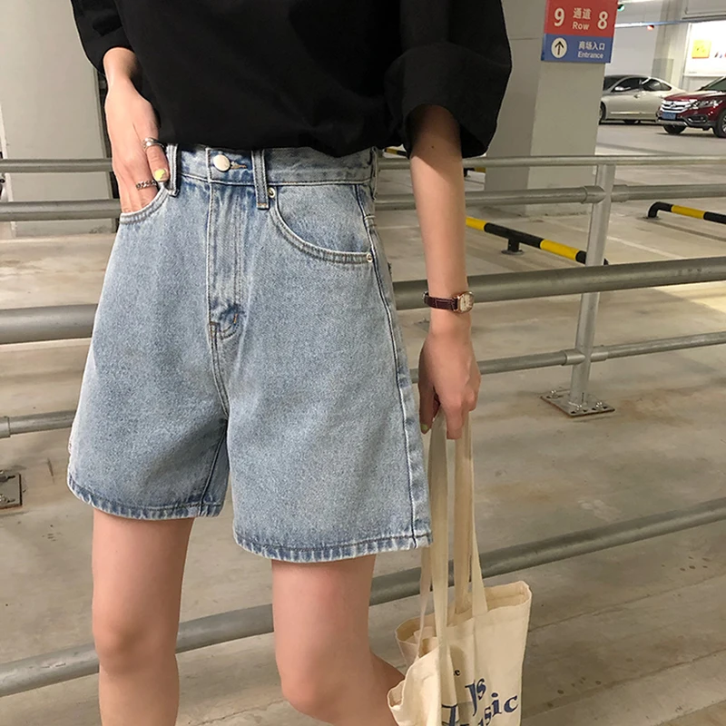 Summer Denim Jeans Water Washing Fashion Korean Wide Leg Pants Wear Elastic Waist Shorts Women High Waist Short Pants Pockets