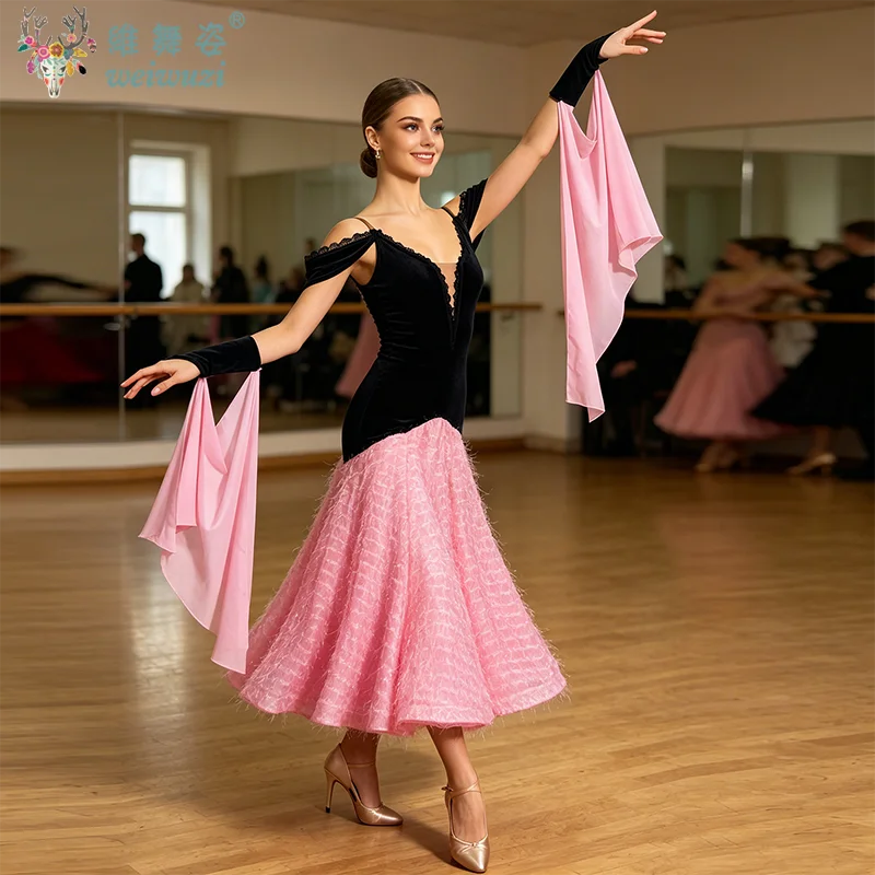 Robe de danse de salon à bretelles en velours, coupe ample, pour performance de danse standard nationale, valse et foxtrot