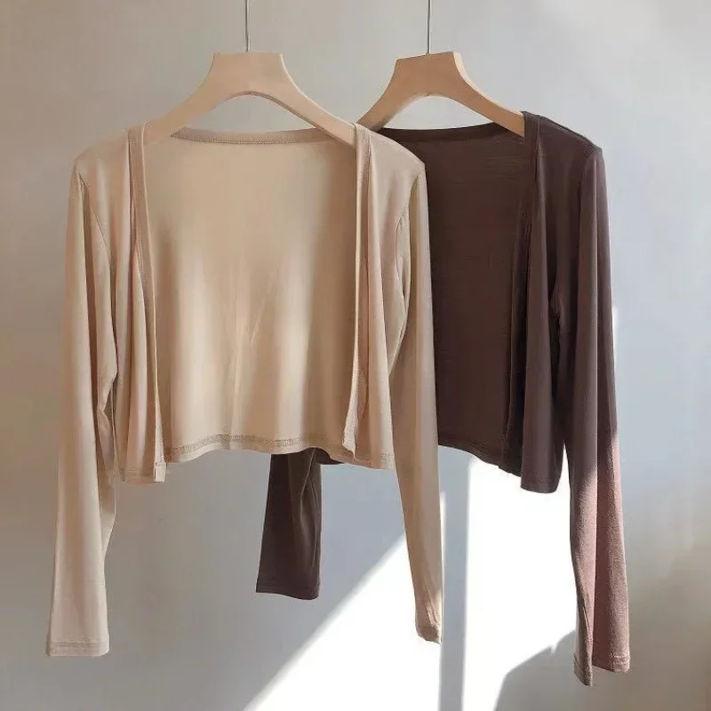 Bolero de sombreamento solar respirável para mulheres, cardigans estilo coreano, xale feminino que combina tudo, tops modais chiques, ombros sólidos, novo