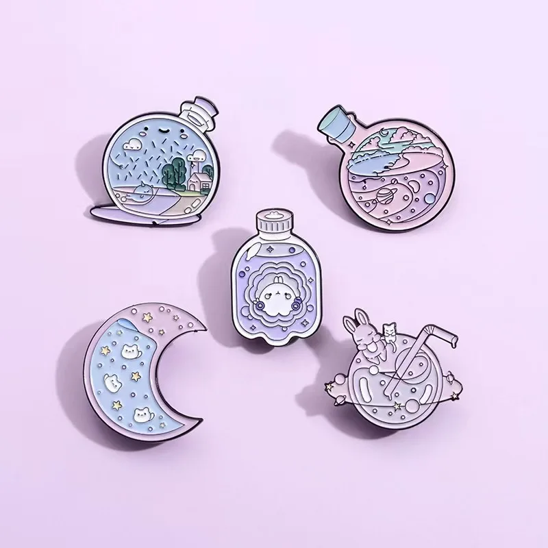 Dream Purple Crystal Wishing Bottle Enamel Pins Star Moon Space Planet Brooch Lapel Badges Jewelry Gift For Friend Wholesale