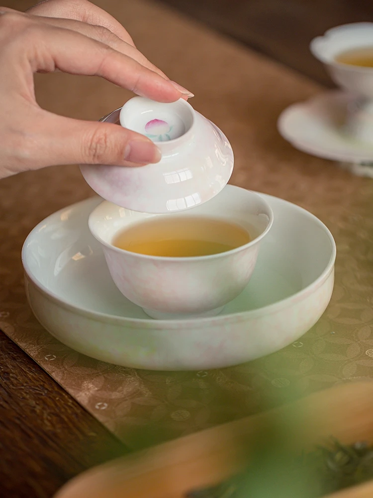 Hand-Painted Ceramic Tea Cup with Lid Pink Peach Glazed Sticker Design for Gongfu Tea Brewing Non-Hot Handle Home Use