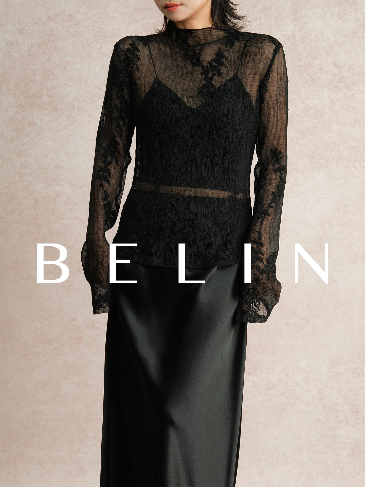 

Belin Sexy Bla Lace irt Women's Semi-High Collar Me Base irt Faion Slimming 2026 Spring Long Sve Floral Pattern