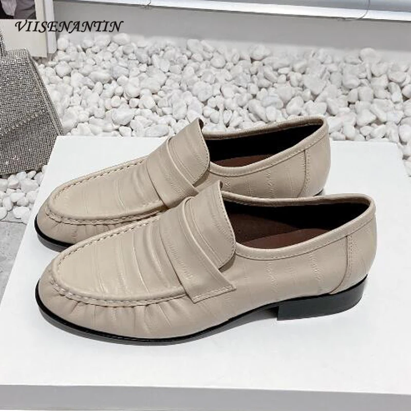 

Classical Women Daily Loafers Shoes Low Heel Wrinkle Leather Slip on Lazy Mules Comfy Chic Fashion Real Leather Luxury Sapatos