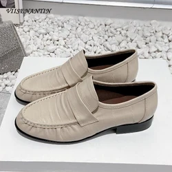 Classical Women Daily Loafers Shoes Low Heel Wrinkle Leather Slip on Lazy Mules Comfy Chic Fashion Real Leather Luxury Sapatos